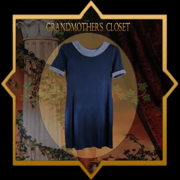 EUC: Vintage 60s Navy Blue Striped Collar & Cuffs Dress Size see desc - Picture 1 of 6